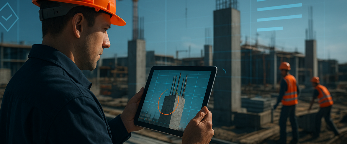 Uitvoerder gebruikt een bouwapp op tablet tijdens inspectie op de bouwplaats