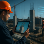 Uitvoerder gebruikt een bouwapp op tablet tijdens inspectie op de bouwplaats