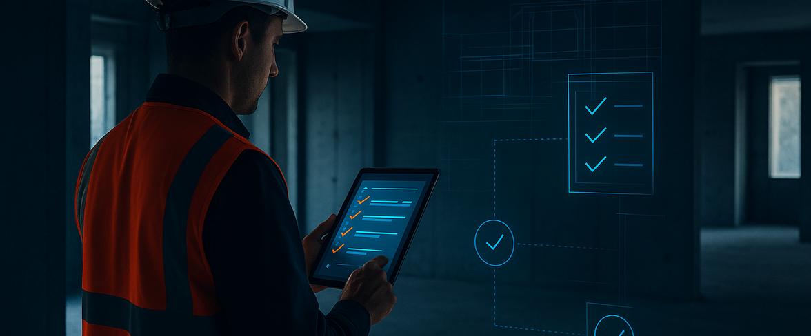 Uitvoerder controleert digitale checklist tijdens casco oplevering in een nieuwbouwwoning in aanbouw