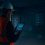 Uitvoerder controleert digitale checklist tijdens casco oplevering in een nieuwbouwwoning in aanbouw