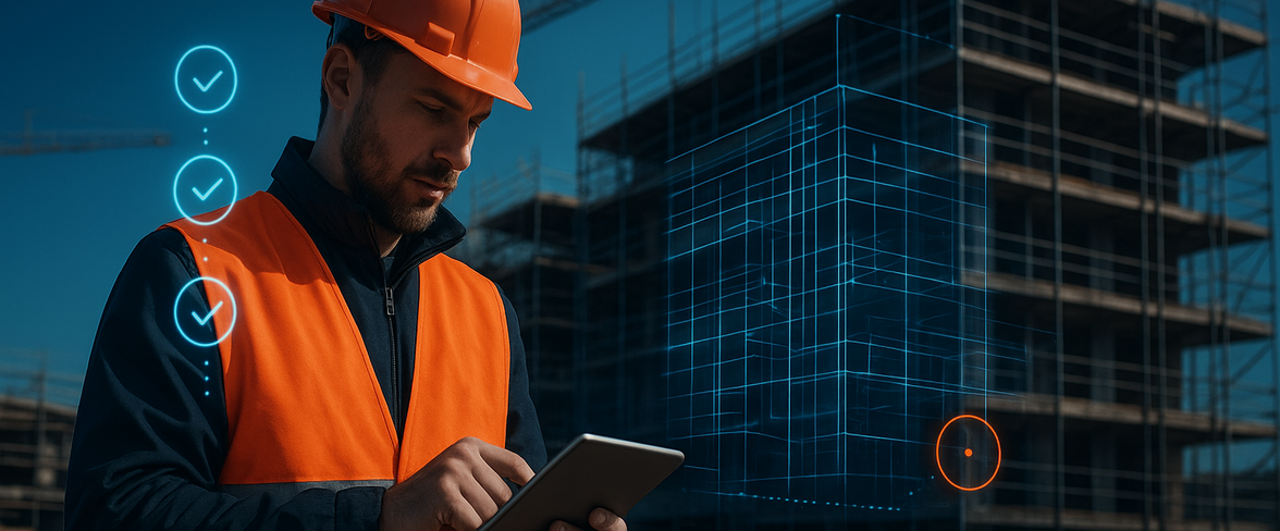 Uitvoerder op bouwplaats die software gebruikt op een tablet voor projectbeheer en kwaliteitsborging