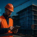 Uitvoerder op bouwplaats die software gebruikt op een tablet voor projectbeheer en kwaliteitsborging