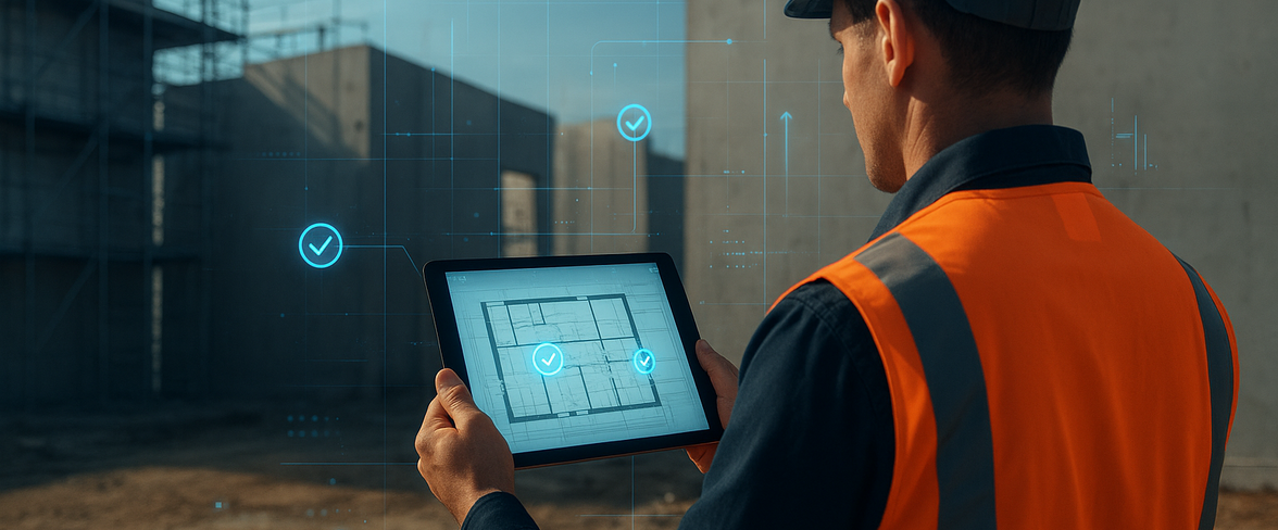 Uitvoerder op bouwplaats gebruikt WKB software op tablet met digitale bouwtekening en inspectiepunten