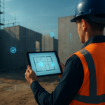 Uitvoerder op bouwplaats gebruikt WKB software op tablet met digitale bouwtekening en inspectiepunten