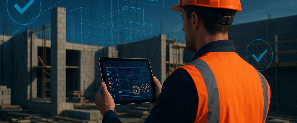 Uitvoerder op bouwplaats werkt met een bouwportaal op tablet voor projectbeheer en kwaliteitscontrole