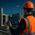 Uitvoerder op bouwplaats werkt met een bouwportaal op tablet voor projectbeheer en kwaliteitscontrole