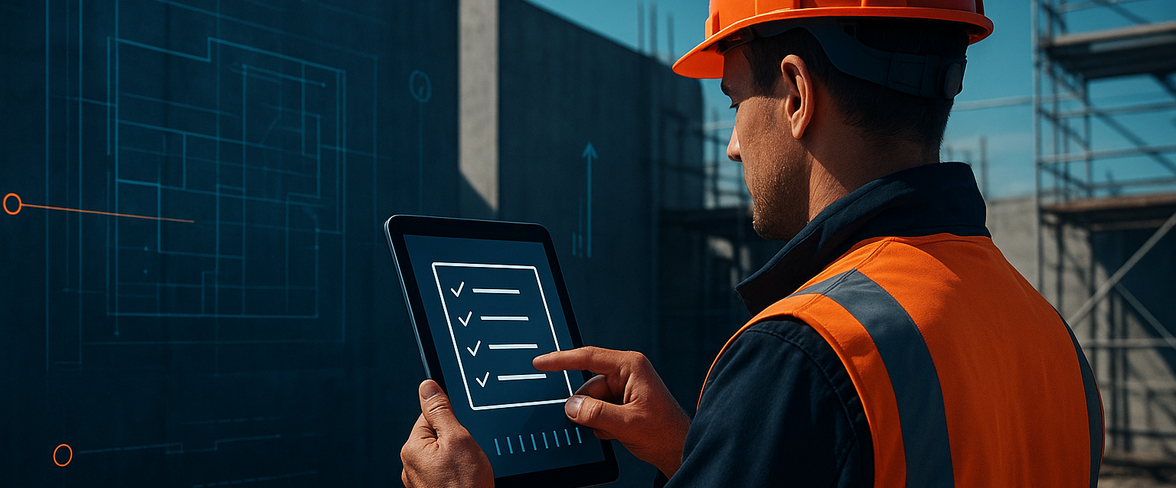 Uitvoerder op bouwplaats gebruikt bouwsoftware op tablet voor kwaliteitscontrole en oplevering