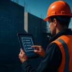 Uitvoerder op bouwplaats gebruikt bouwsoftware op tablet voor kwaliteitscontrole en oplevering