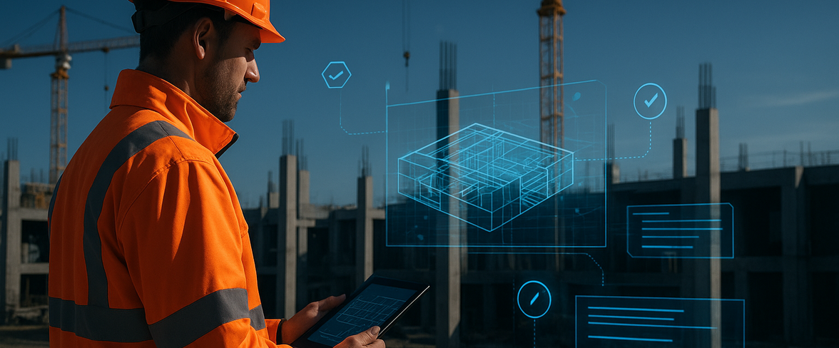 Uitvoerder bekijkt projectdata via tablet op bouwplaats als onderdeel van jobsite management