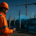 Uitvoerder bekijkt projectdata via tablet op bouwplaats als onderdeel van jobsite management