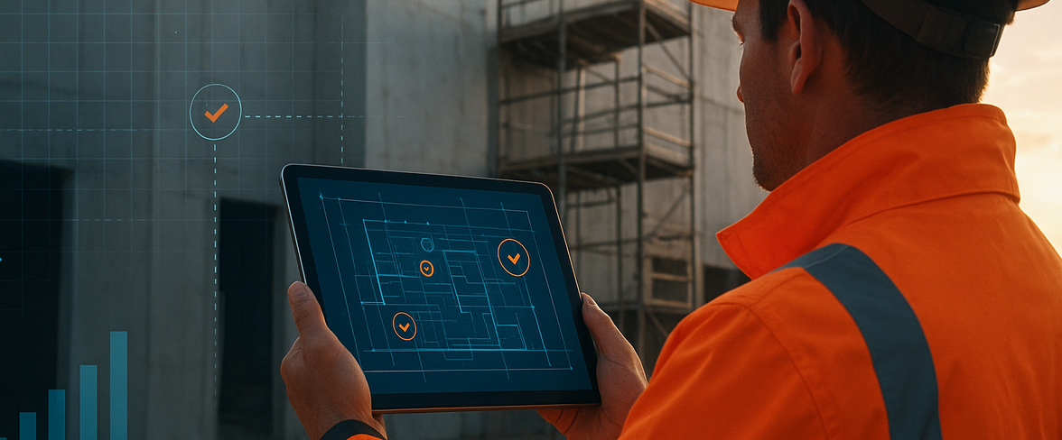 Uitvoerder op bouwplaats gebruikt WKB Opleversoftware op tablet met digitale plattegrond en inspectiepunten