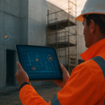 Uitvoerder op bouwplaats gebruikt WKB Opleversoftware op tablet met digitale plattegrond en inspectiepunten