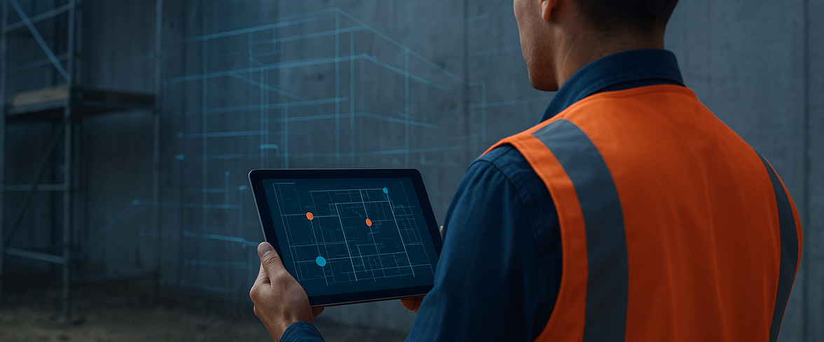 Uitvoerder gebruikt WKB software op tablet om inspectiepunten te markeren op een bouwtekening op de bouwplaats
