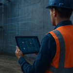 Uitvoerder gebruikt WKB software op tablet om inspectiepunten te markeren op een bouwtekening op de bouwplaats