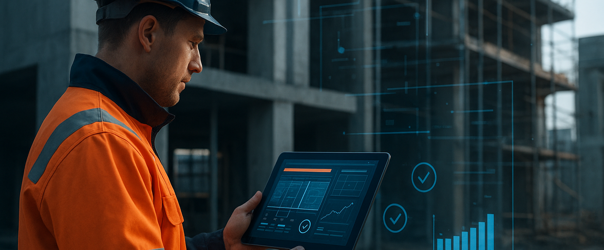 Uitvoerder op bouwplaats gebruikt bouw software op tablet voor digitale projectregistratie