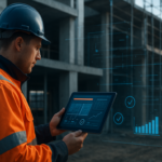 Uitvoerder op bouwplaats gebruikt bouw software op tablet voor digitale projectregistratie