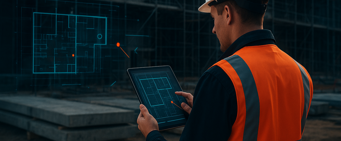 Uitvoerder bekijkt bouwsoftware op tablet op een actieve bouwplaats met steigers op de achtergrond
