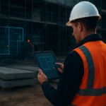 Uitvoerder bekijkt bouwsoftware op tablet op een actieve bouwplaats met steigers op de achtergrond