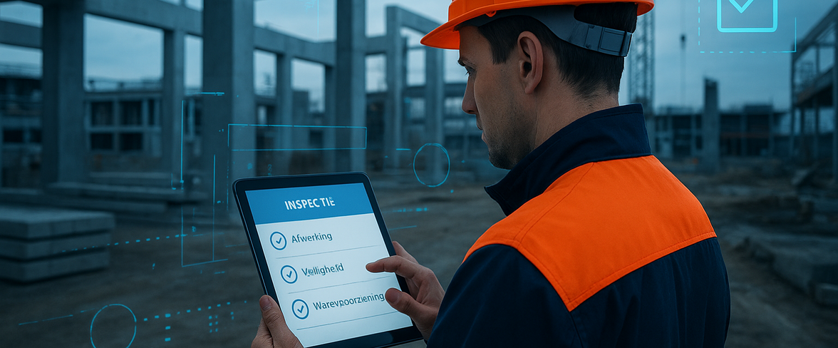 Uitvoerder op bouwplaats gebruikt WKB software op tablet voor digitale dossiervorming en inspecties