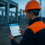 Uitvoerder op bouwplaats gebruikt WKB software op tablet voor digitale dossiervorming en inspecties